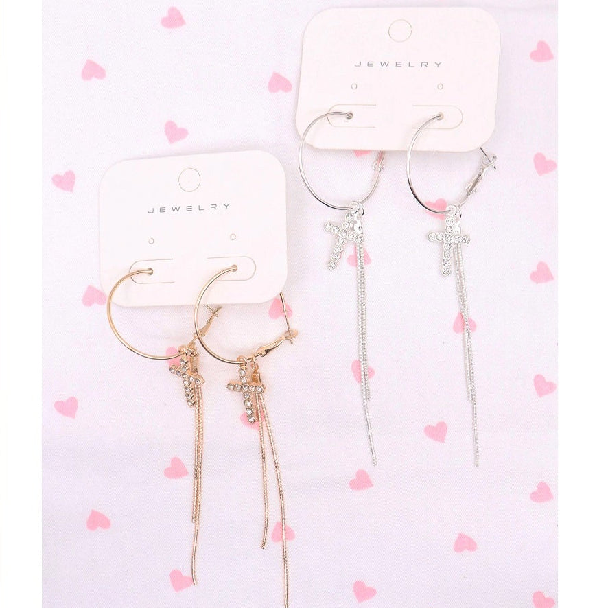 Cross Tassel Hoop Earrings for Women | Dainty Rhinestone Long Chain Drop Earrings (AER1910)