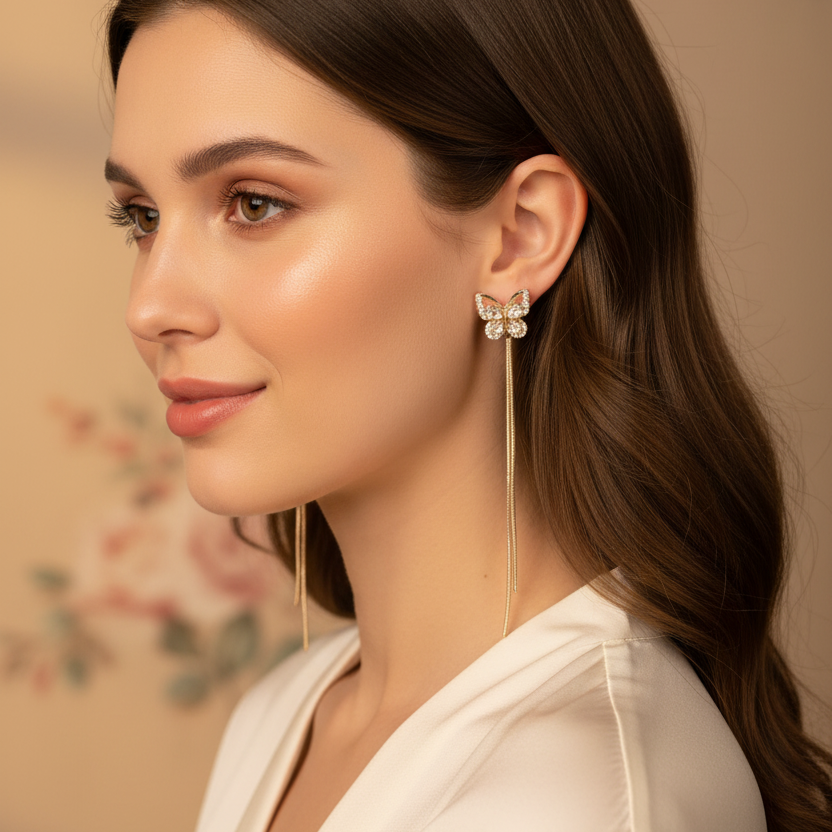 Elegant Butterfly Tassel Drop Earrings – Rhinestone Crystal Dangle Jewelry (AER1914)
