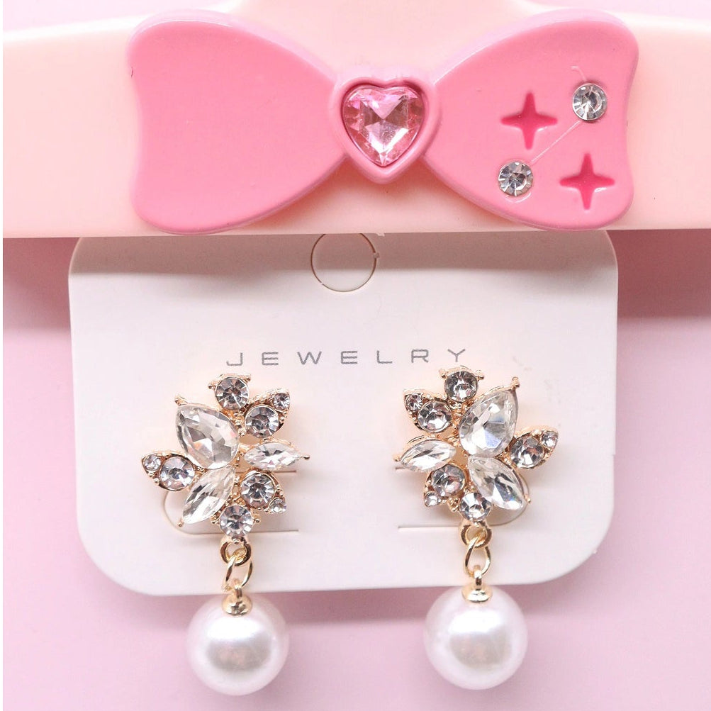 Elegant Crystal Floral Drop Earrings with Faux Pearl Detail (AER1919)