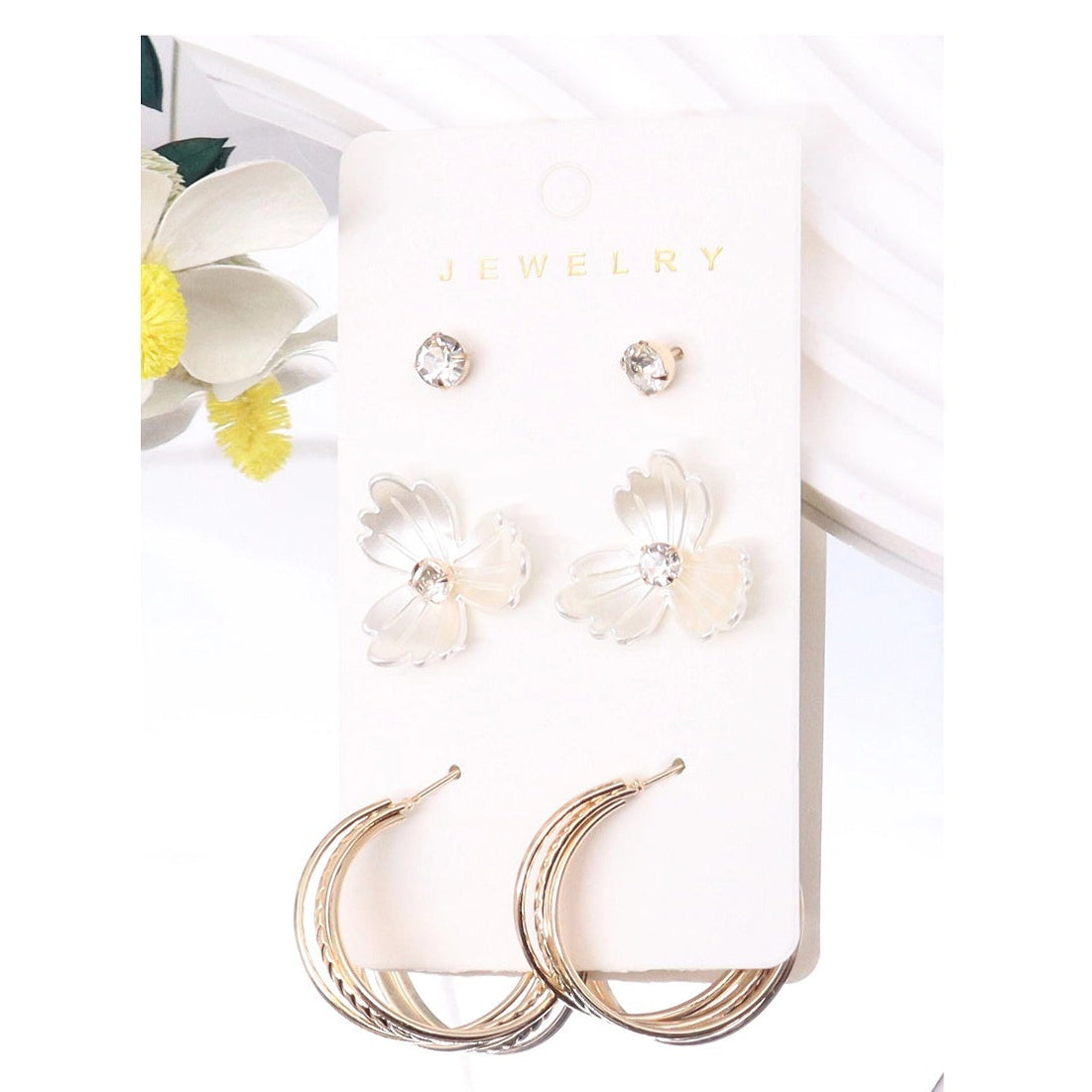 3-Pair Set Elegant Floral & Crystal Earring Trio – Multi-Pack Gold & Silver Hoops with Mother-of-Pearl Style Flower Studs (AER1929)