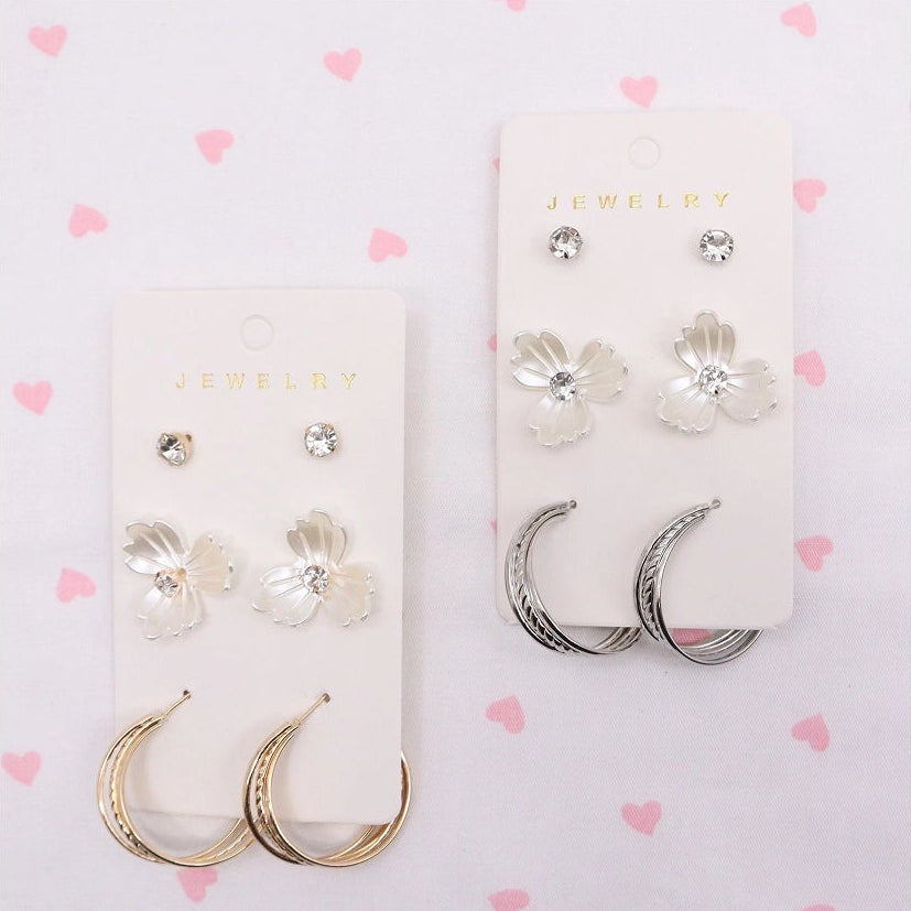 3-Pair Set Elegant Floral & Crystal Earring Trio – Multi-Pack Gold & Silver Hoops with Mother-of-Pearl Style Flower Studs (AER1929)