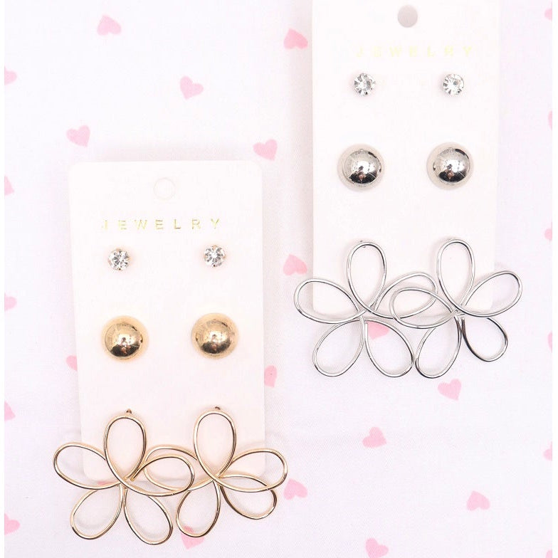 3-Pair Floral Stud & Hoop Earring Set - Gold & Silver Minimalist Flower Jewelry Multipack (AER1931) AER1931