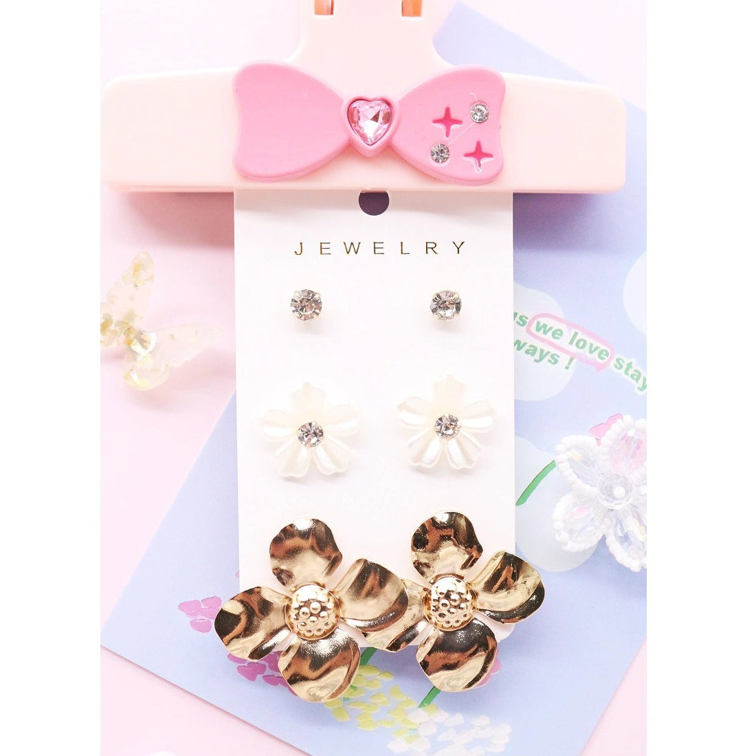 Elegant 3-Pair Floral & Rhinestone Stud Earring Set – Gold & Silver Finish (AER1932)