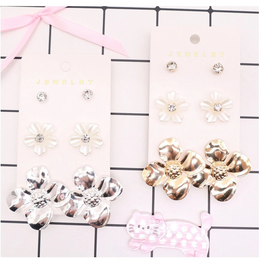 Elegant 3-Pair Floral & Rhinestone Stud Earring Set – Gold & Silver Finish (AER1932)