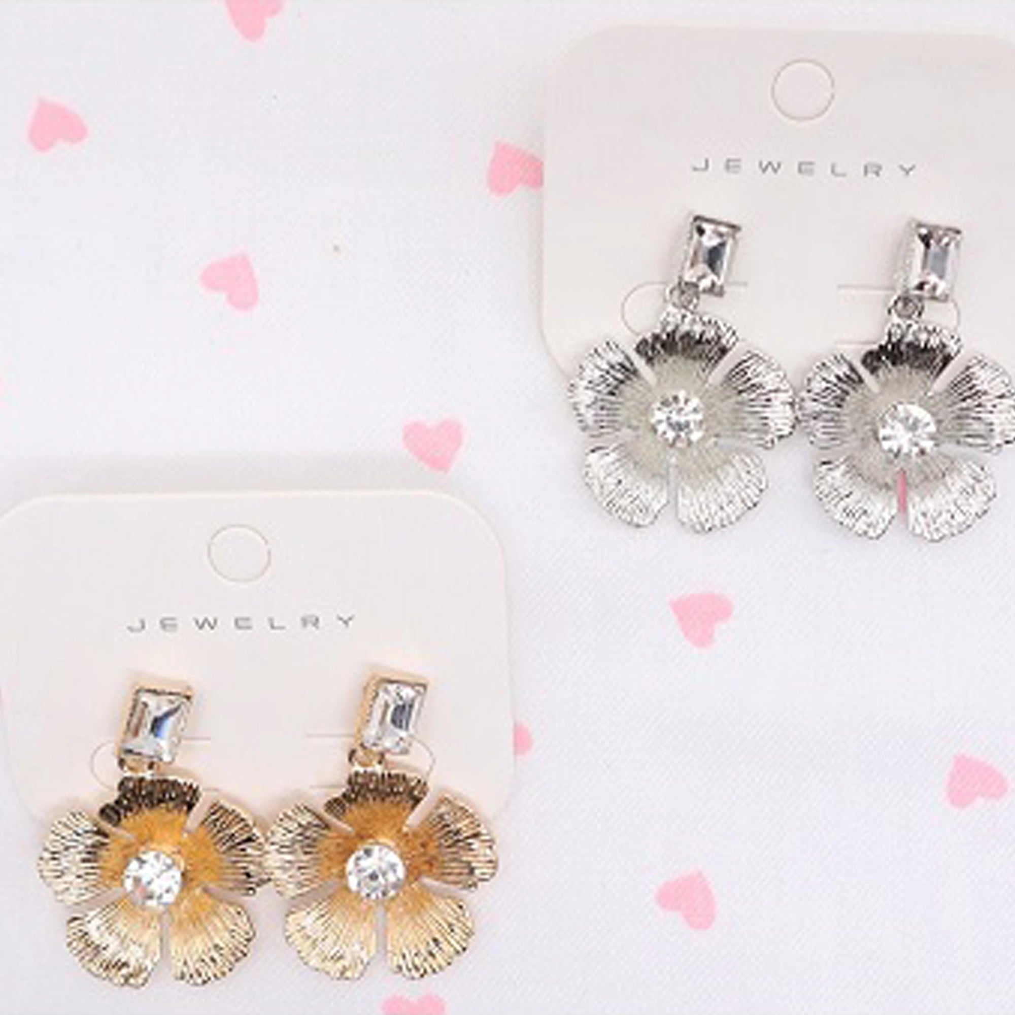 Elegant Floral Drop Earrings with Crystal Accents – Textured Metallic Flower Statement Earrings (Style AER1953)
