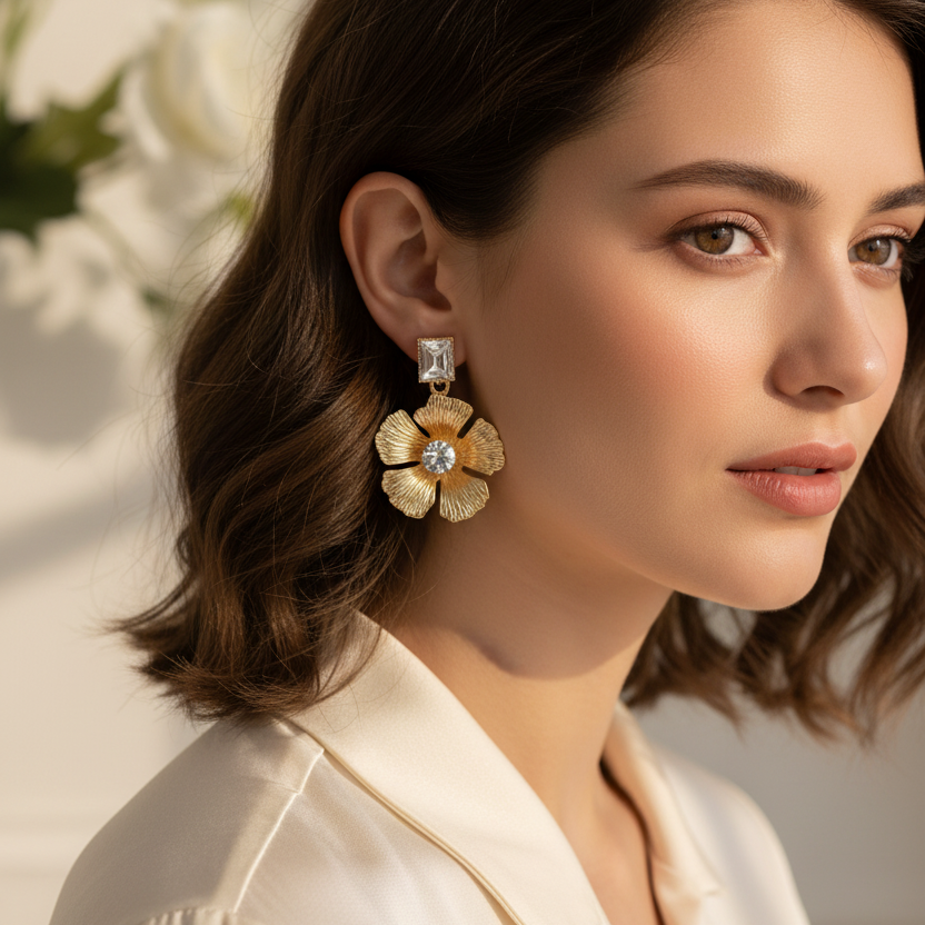 Elegant Floral Drop Earrings with Crystal Accents – Textured Metallic Flower Statement Earrings (Style AER1953)