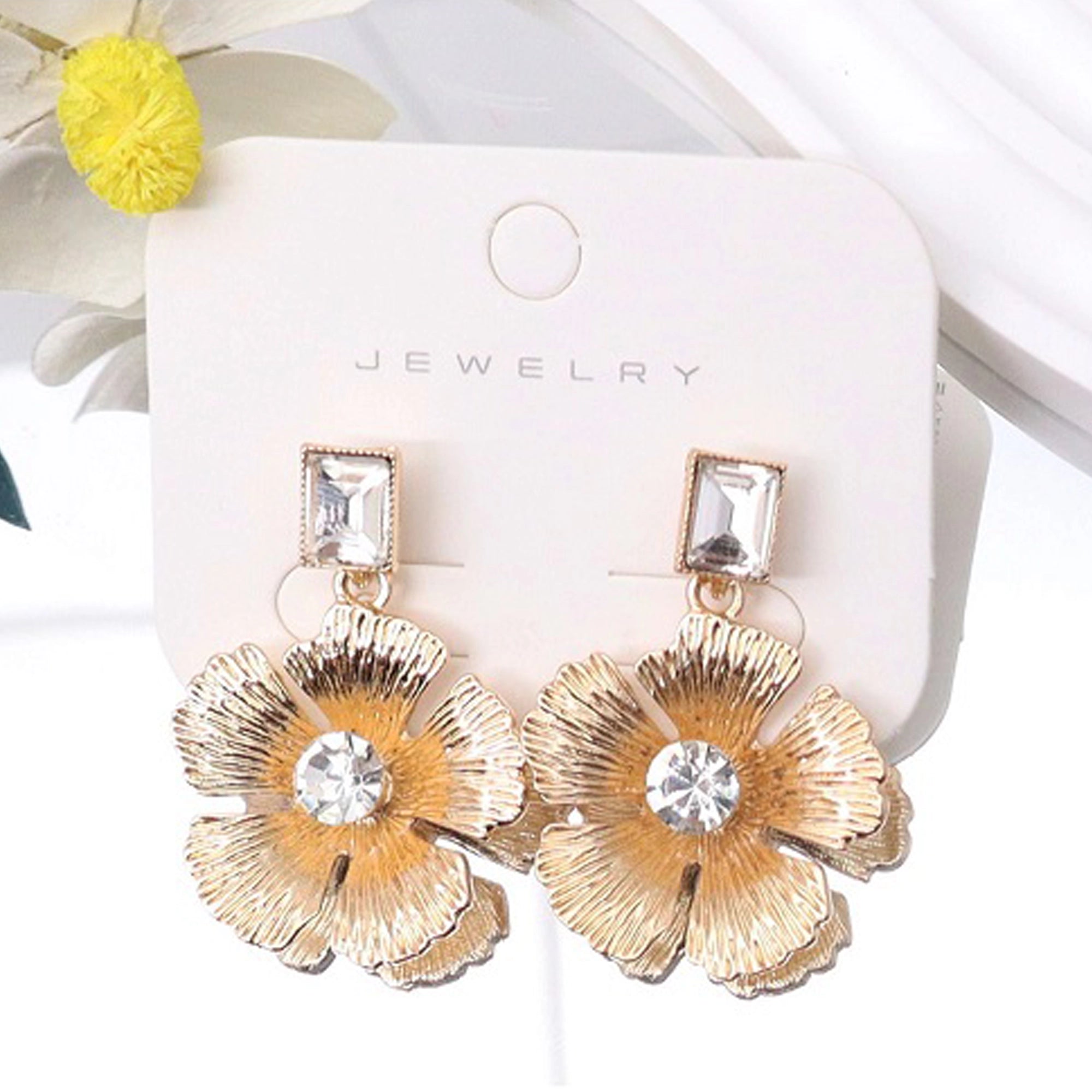 Elegant Floral Drop Earrings with Crystal Accents – Textured Metallic Flower Statement Earrings (Style AER1953)