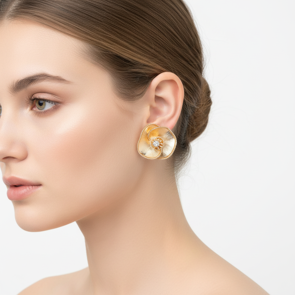 Elegant Floral Rose Stud Earrings - Metallic Textured Bloom Jewelry (AER1956)