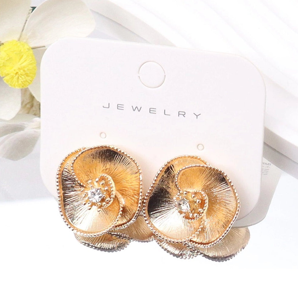 Elegant Floral Rose Stud Earrings - Metallic Textured Bloom Jewelry (AER1956)