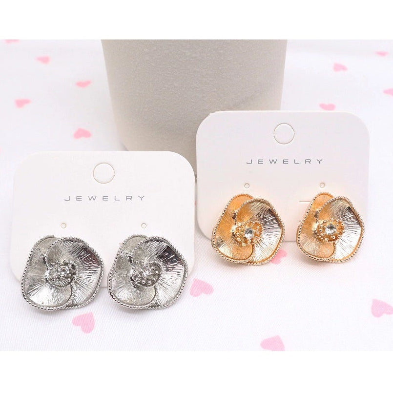Elegant Floral Rose Stud Earrings - Metallic Textured Bloom Jewelry (AER1956)