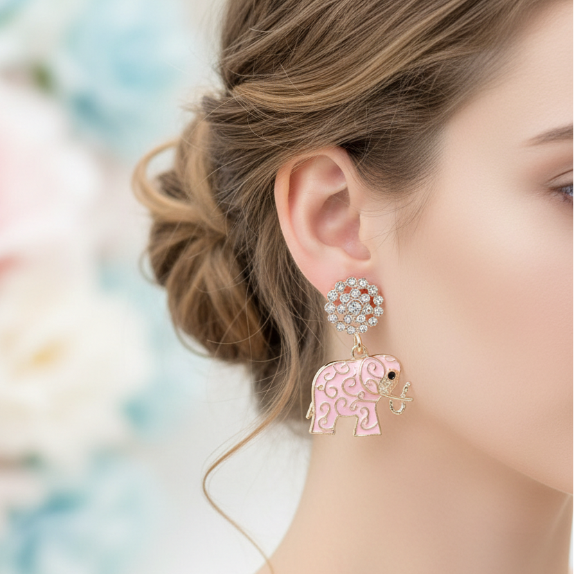 Sparkly Crystal Filigree Elephant Dangle Earrings – Cute Colorful Enamel Animal Drop Earrings for Women & Girls (AER1965)