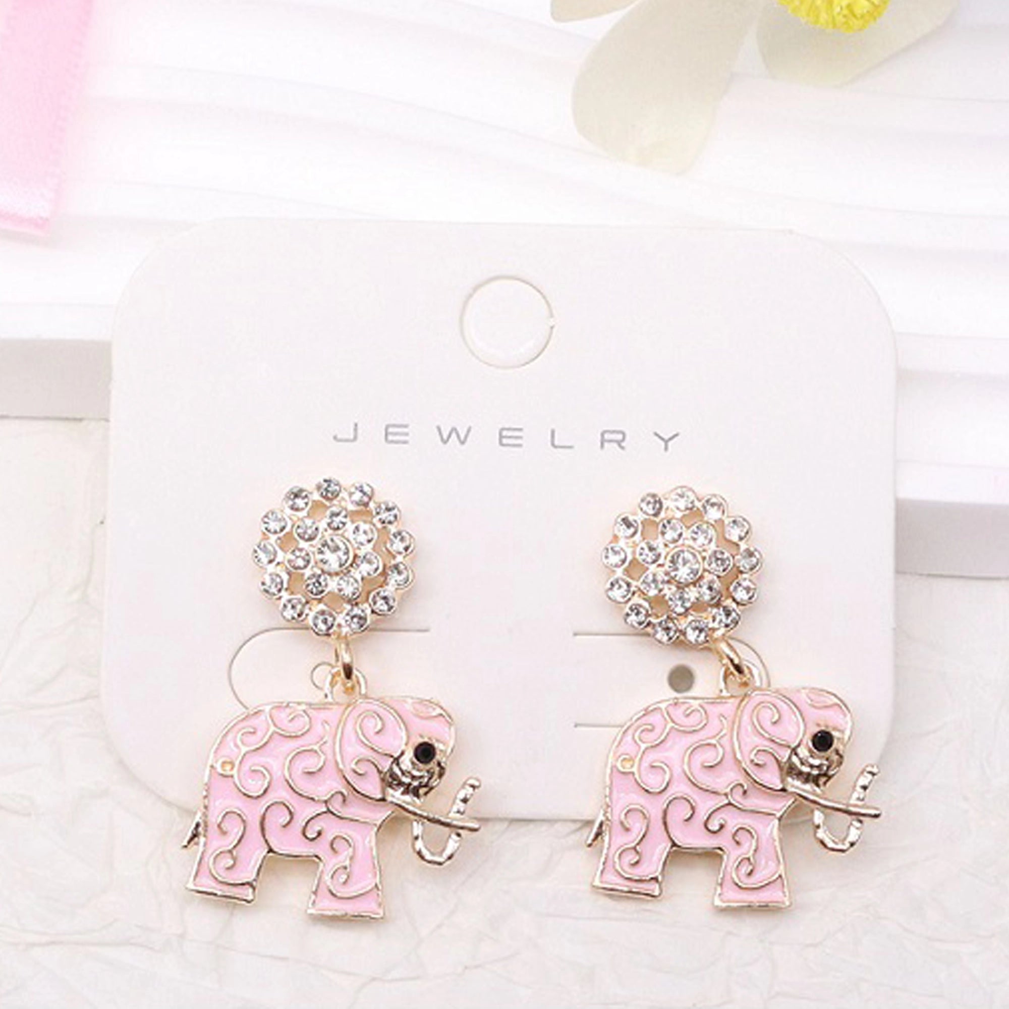 Sparkly Crystal Filigree Elephant Dangle Earrings – Cute Colorful Enamel Animal Drop Earrings for Women & Girls (AER1965)