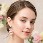 Handmade Floral Fabric Dangle Earrings – Pastel Tiered Flower Petal Drop Earrings with Crystal Accents (AER1969)