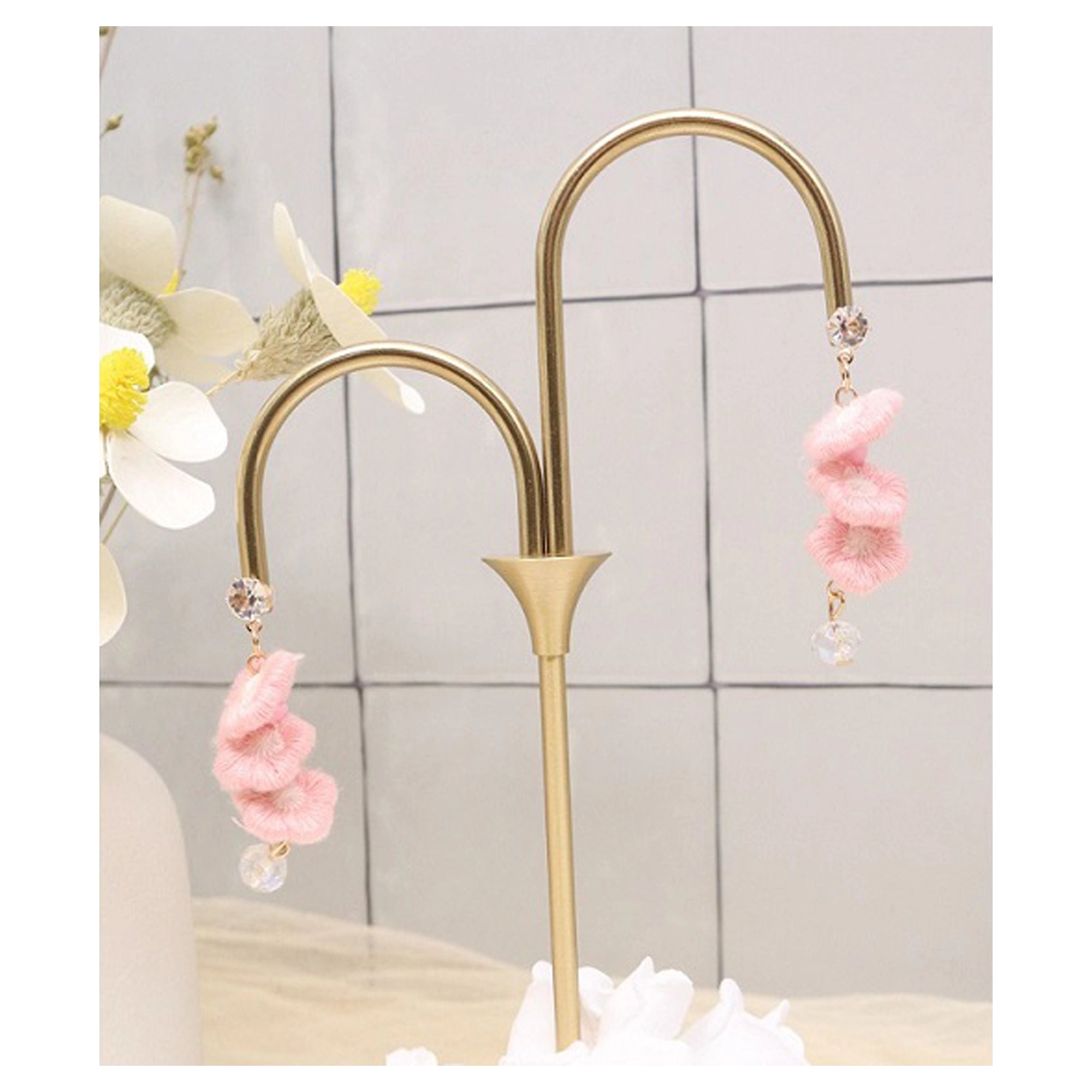 Handmade Floral Fabric Dangle Earrings – Pastel Tiered Flower Petal Drop Earrings with Crystal Accents (AER1969)