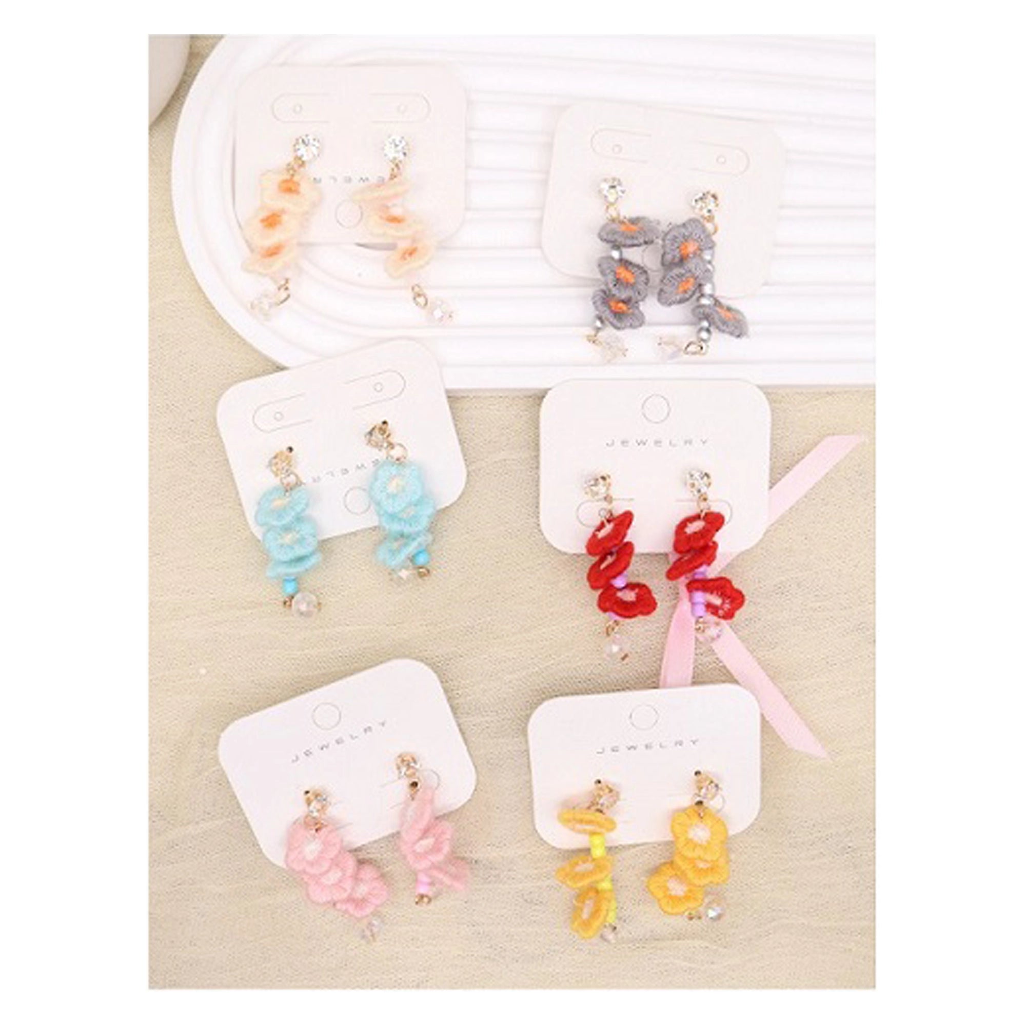 Handmade Floral Fabric Dangle Earrings – Pastel Tiered Flower Petal Drop Earrings with Crystal Accents (AER1969)