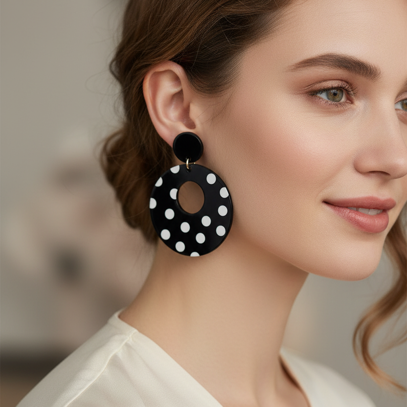 Vintage Polka Dot Acrylic Drop Earrings – Retro Black & White Open Hoop Dangle Earrings (AER1974)