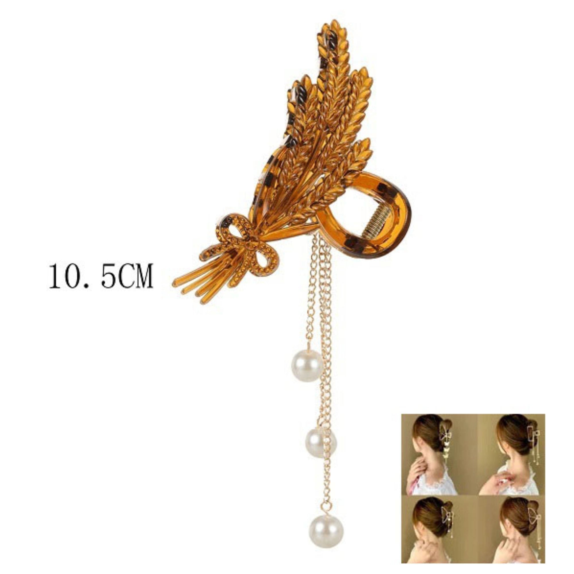 Tortoiseshell Wheat Claw Clip with Dangling Pearls Hair Claw CLip | 10.5CM