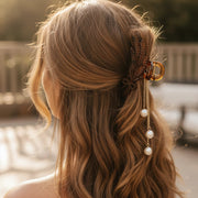 Tortoiseshell Wheat Claw Clip with Dangling Pearls Hair Claw CLip | 10.5CM