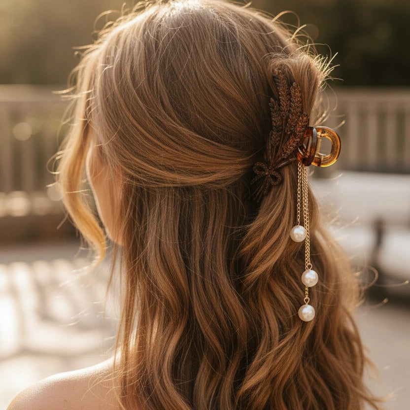 Tortoiseshell Wheat Claw Clip with Dangling Pearls Hair Claw CLip | 10.5CM