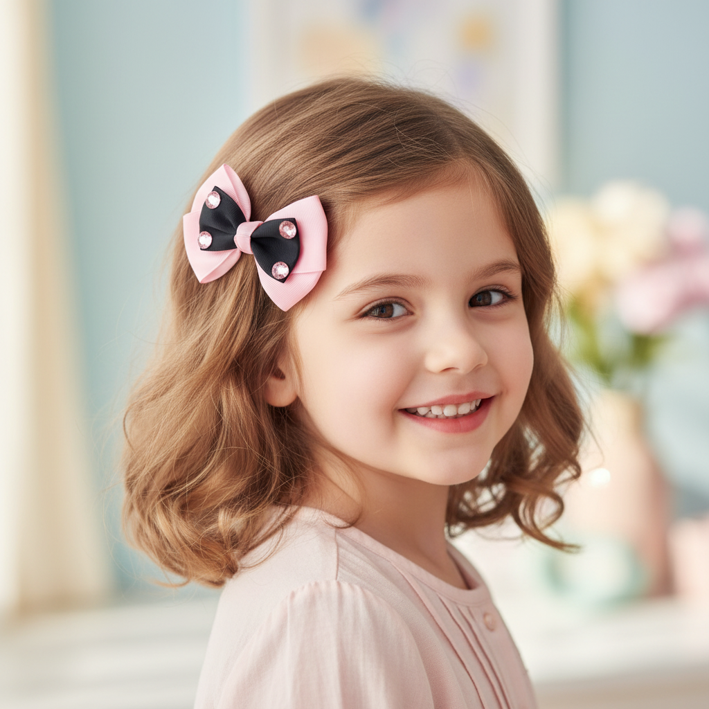 Rhinestone Layered Grosgrain Hair Bow Set for Girls & Toddlers (10cm) – Cute Two-Tone Hair Clips (AHR1607)