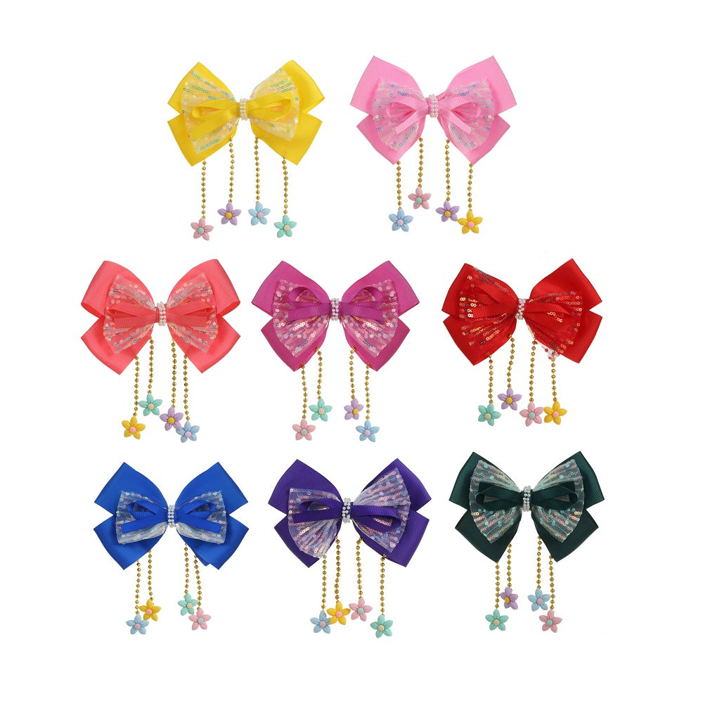 Sparkling Sequin Bow Hair Clip with Floral Tassels (AHR1933)