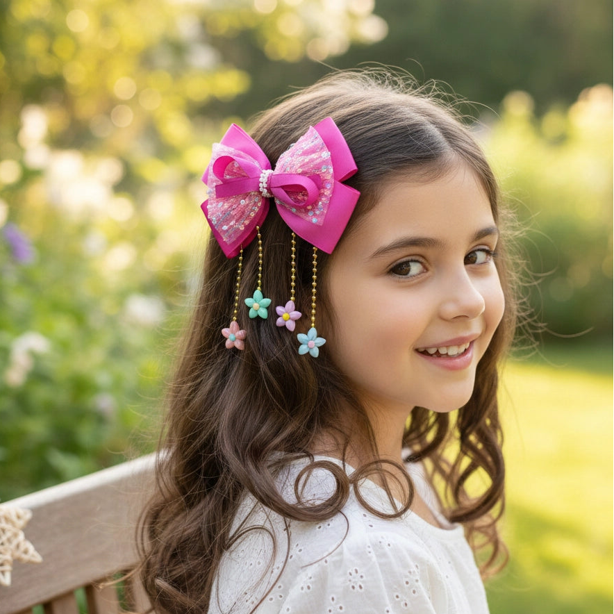Sparkling Sequin Bow Hair Clip with Floral Tassels (AHR1933)