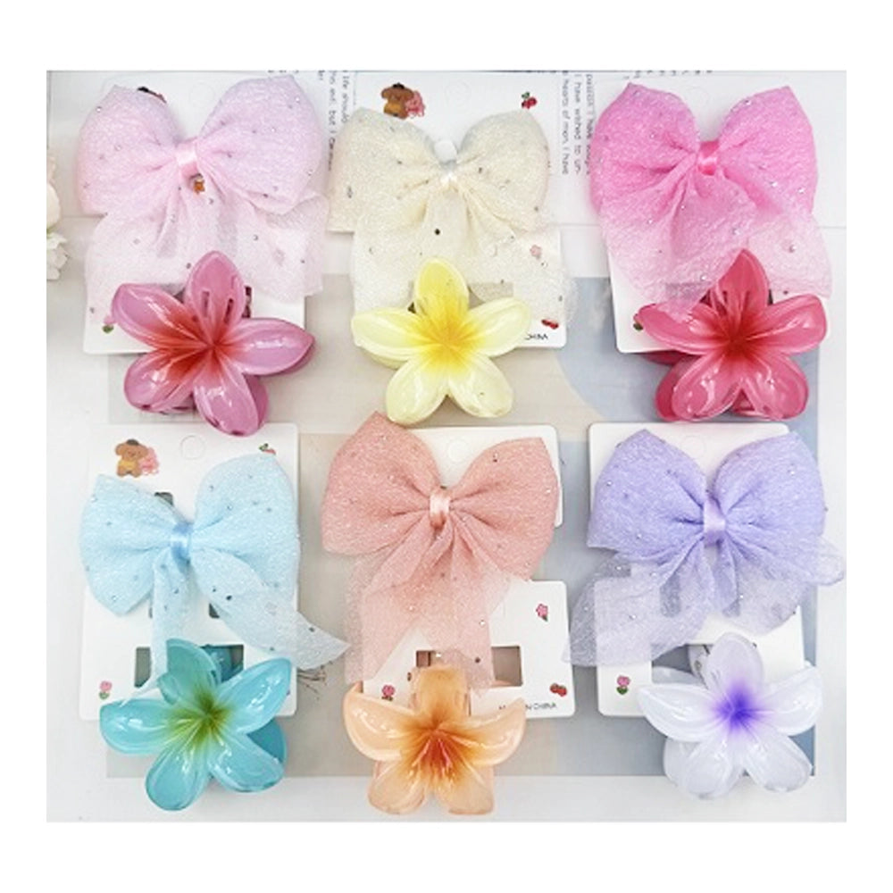 2-Piece Pastel Hair Clip Set | Glitter Bows & Translucent Flower Claw Clips | Kids/Girls Accessories