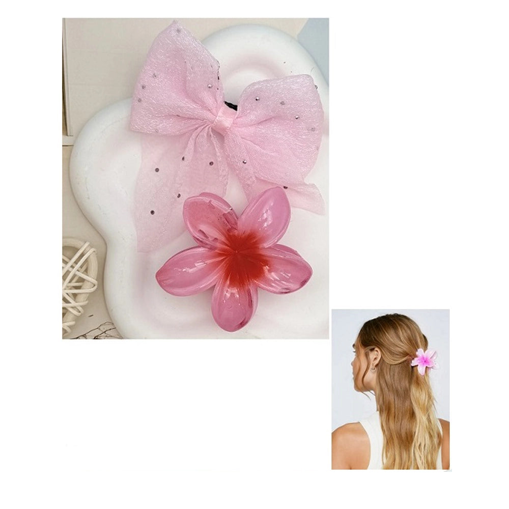 2-Piece Pastel Hair Clip Set | Glitter Bows & Translucent Flower Claw Clips | Kids/Girls Accessories