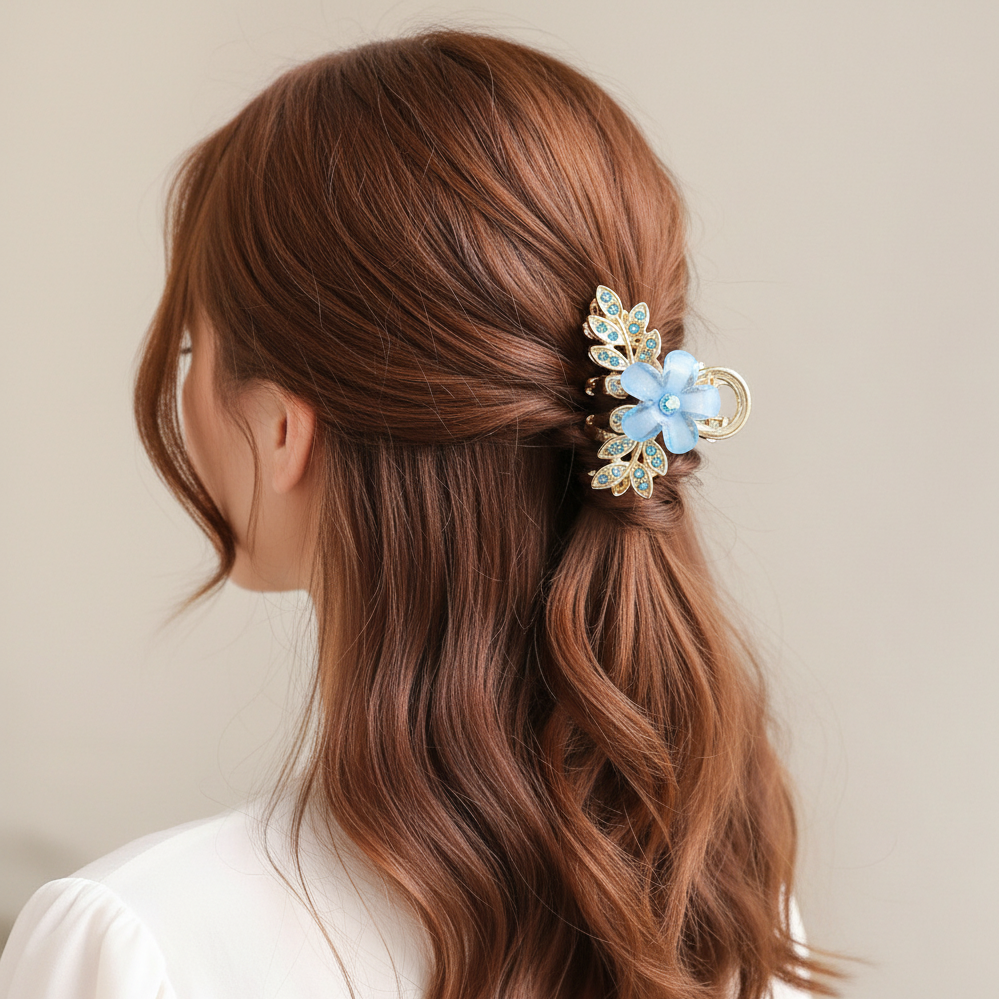 Sparkling Floral Rhinestone Mini Hair Claw Clip – Elegant Flower & Leaf Design (AHR2108)