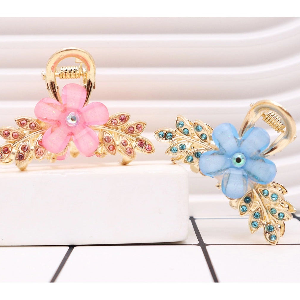Sparkling Floral Rhinestone Mini Hair Claw Clip – Elegant Flower & Leaf Design (AHR2108)