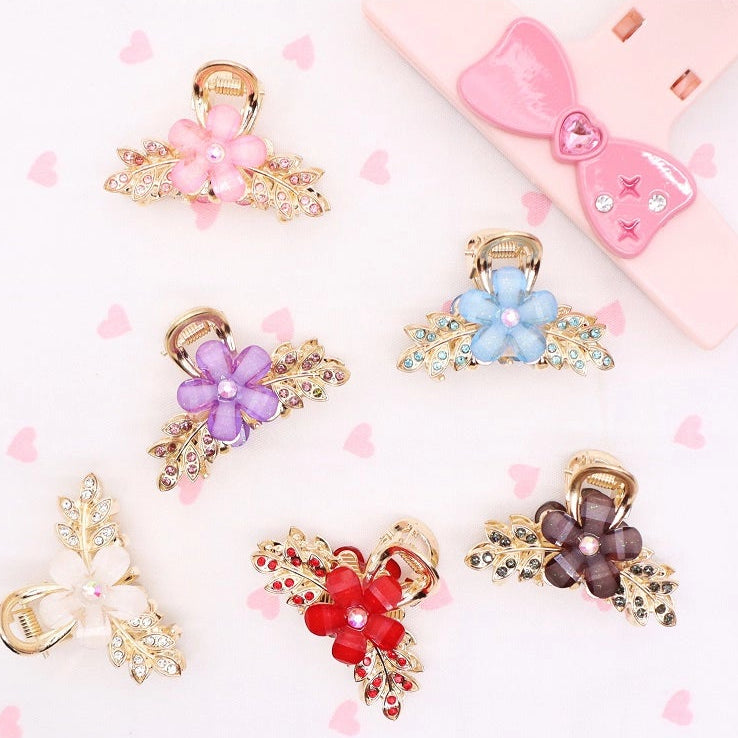 Sparkling Floral Rhinestone Mini Hair Claw Clip – Elegant Flower & Leaf Design (AHR2108)