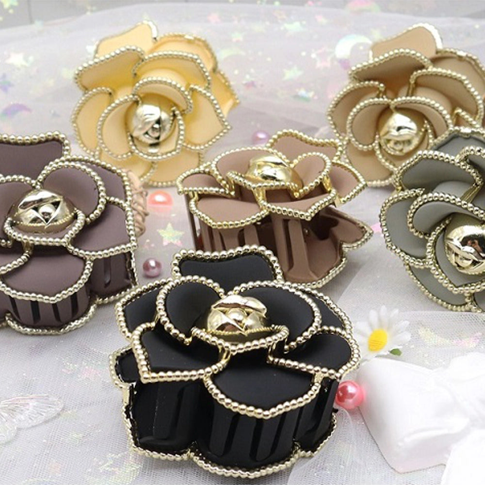 Matte Camellia Flower Claw Clips | Gold Accent Floral Hair Grip | High-End Neutral Accessories