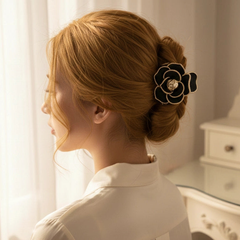 Matte Camellia Flower Claw Clips | Gold Accent Floral Hair Grip | High-End Neutral Accessories