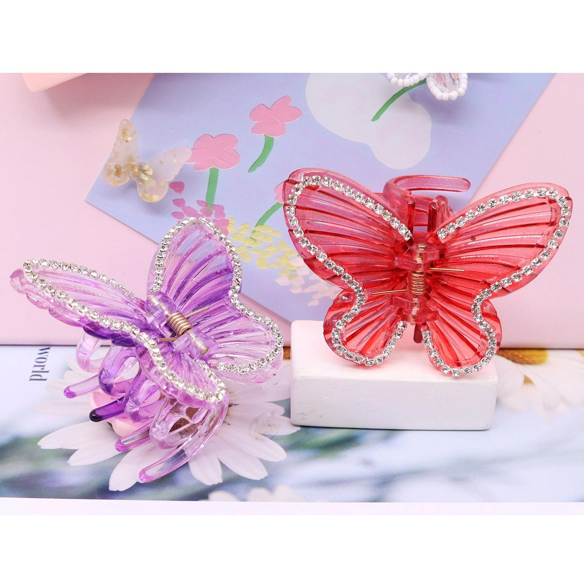 Elegant Rhinestone Butterfly Hair Claw Clip - Sparkly Crystal Translucent Butterfly Hair Accessories for Women & Girls - 6 Vibrant Colors (AHR2194)