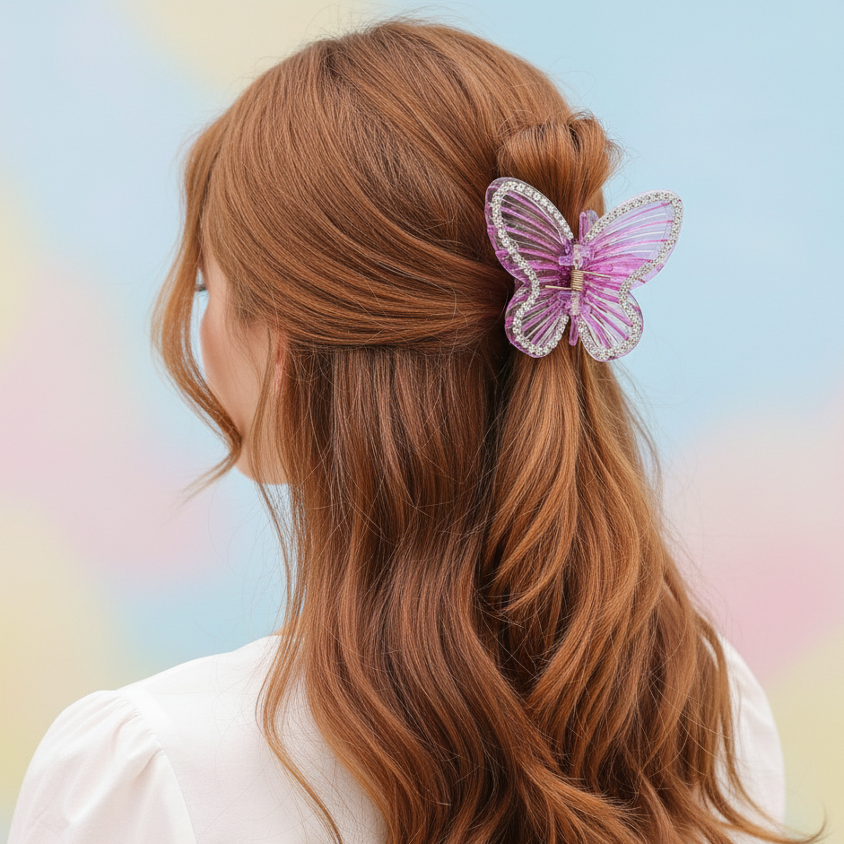 Elegant Rhinestone Butterfly Hair Claw Clip - Sparkly Crystal Translucent Butterfly Hair Accessories for Women & Girls - 6 Vibrant Colors (AHR2194)