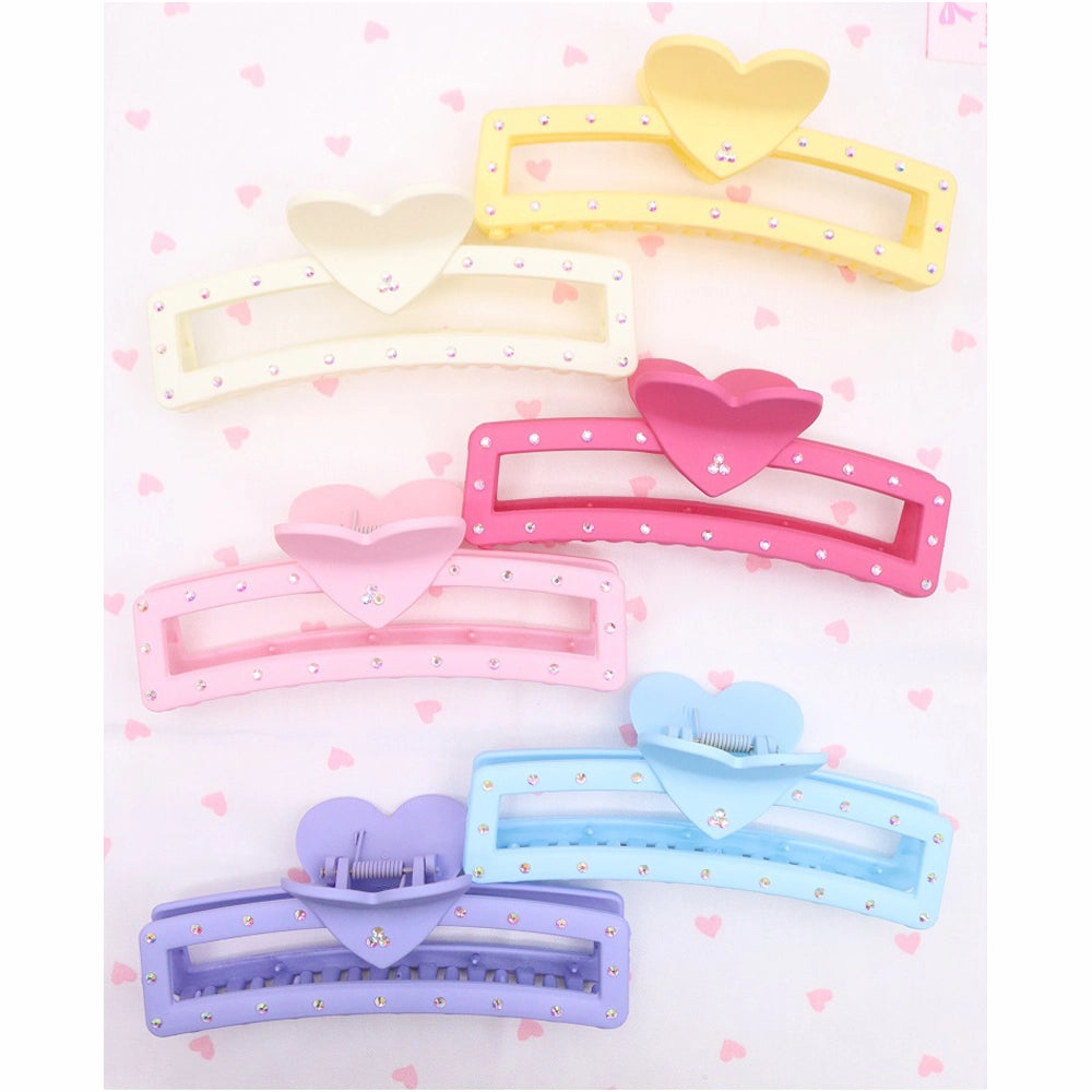 Sparkling Heart Rectangular Claw Clip – Matte Pastel Hair Jaw with Rhinestones (AHR2201)