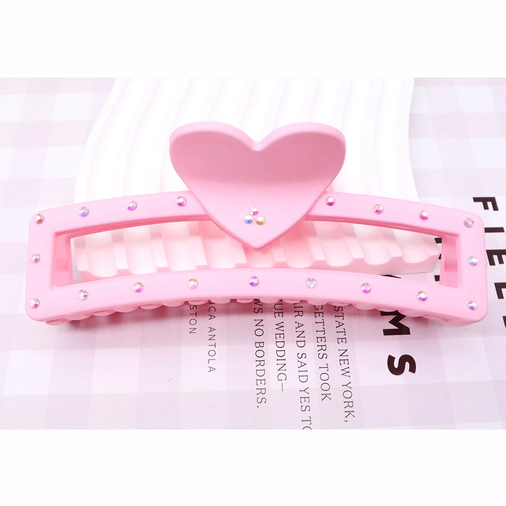 Sparkling Heart Rectangular Claw Clip – Matte Pastel Hair Jaw with Rhinestones (AHR2201)