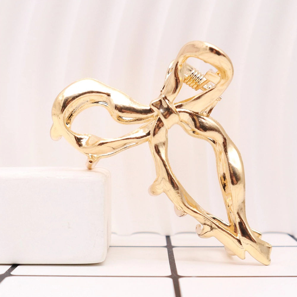 Vintage-Inspired Metallic Bow Hair Claw – Elegant Liquid Metal Ribbon Hair Clip (AHR2217)