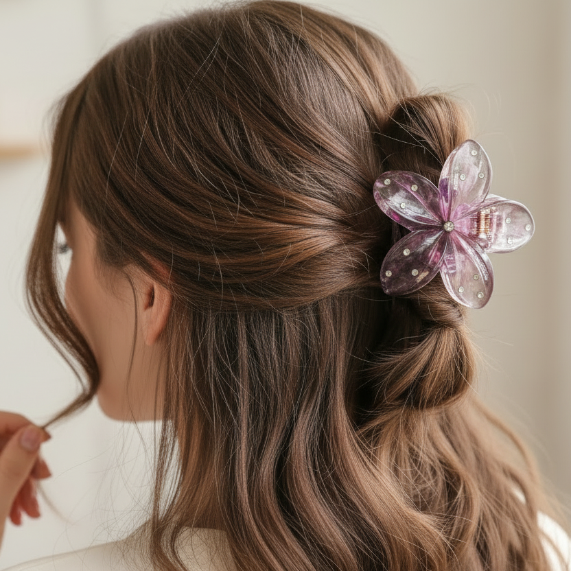 Sparkling Tortoise-Shell Floral Hair Claw Clip – Rhinestone Embellished Flower Accessory (AHR2224)