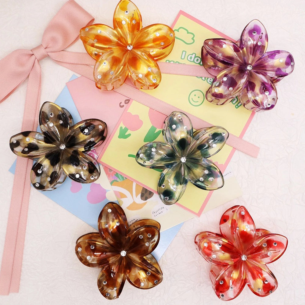 Sparkling Tortoise-Shell Floral Hair Claw Clip – Rhinestone Embellished Flower Accessory (AHR2224)