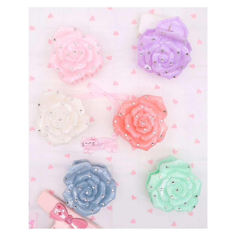Elegant Rhinestone Rose Hair Clips - 3D Floral Resin Accessories in Pastel Colors (AHR2231)
