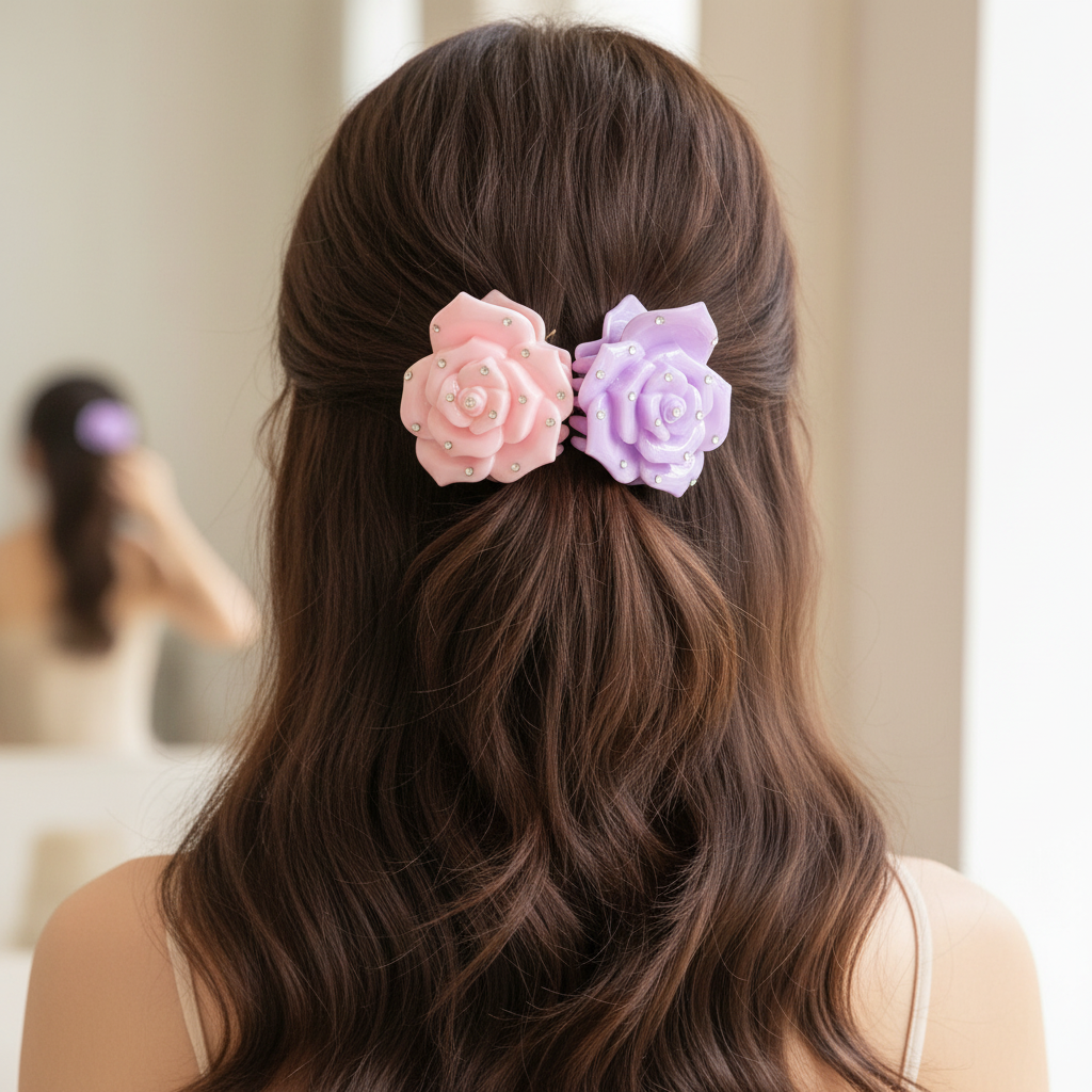 Elegant Rhinestone Rose Hair Clips - 3D Floral Resin Accessories in Pastel Colors (AHR2231)