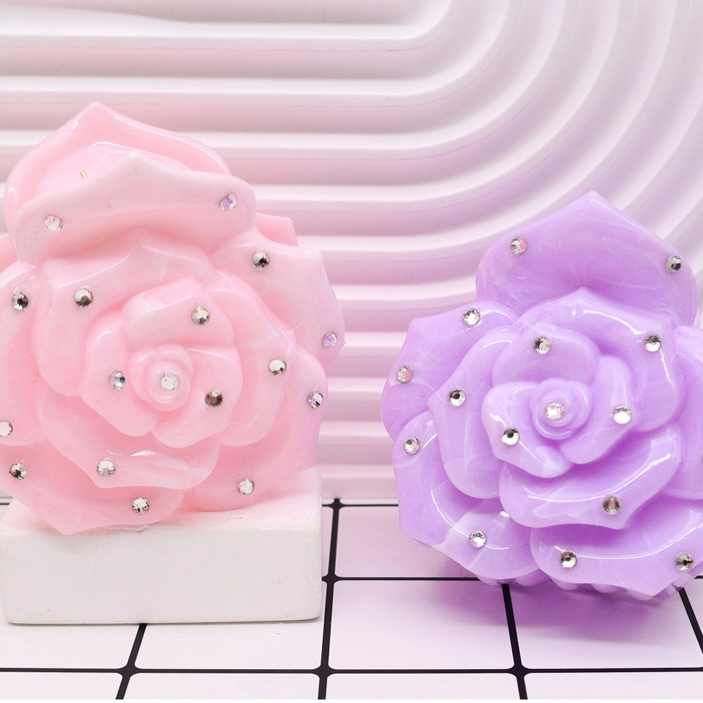 Elegant Rhinestone Rose Hair Clips - 3D Floral Resin Accessories in Pastel Colors (AHR2231)