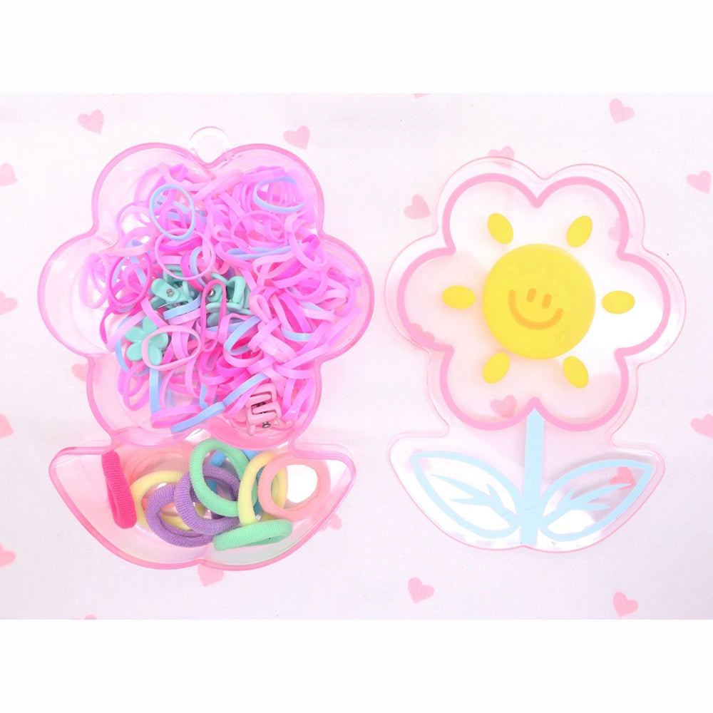 Flower Power Kids’ Hair Accessory Kit – 100+ Piece Set with Smiling Sunflower Organizer – Elastic Bands, Scrunchies, and Mini Claw Clips (AHR2237)