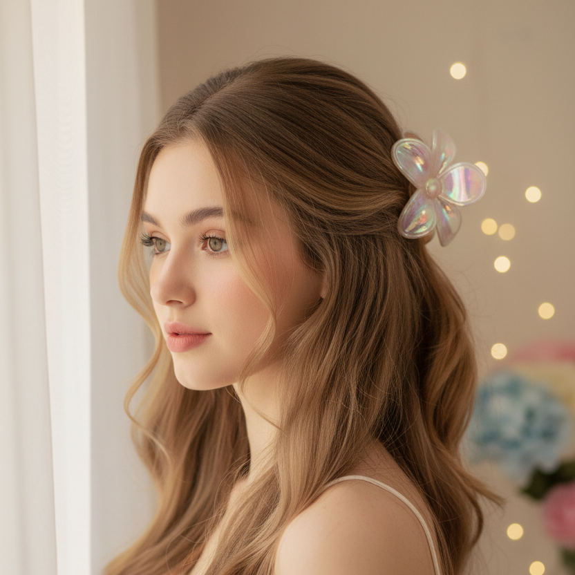 Iridescent Flower Hair Claw Clip – Pastel Opal Glossy Floral Jaw Clip for Women & Girls (AHR2278)
