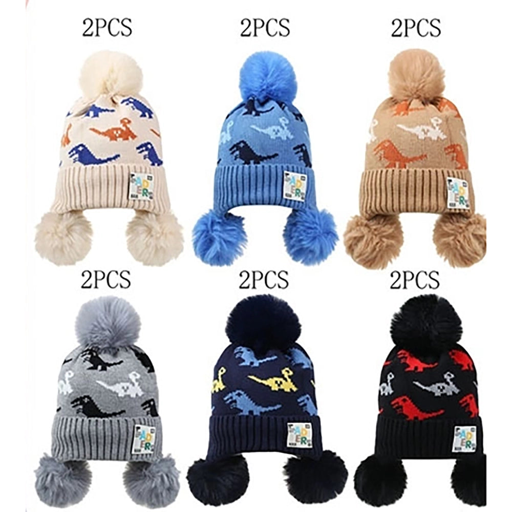 Kids Dinosaur Knit Earflap Beanie Hat with Triple Faux Fur Pom Poms – Multi-Color 12-Piece Wholesale Pack (AHT1095)