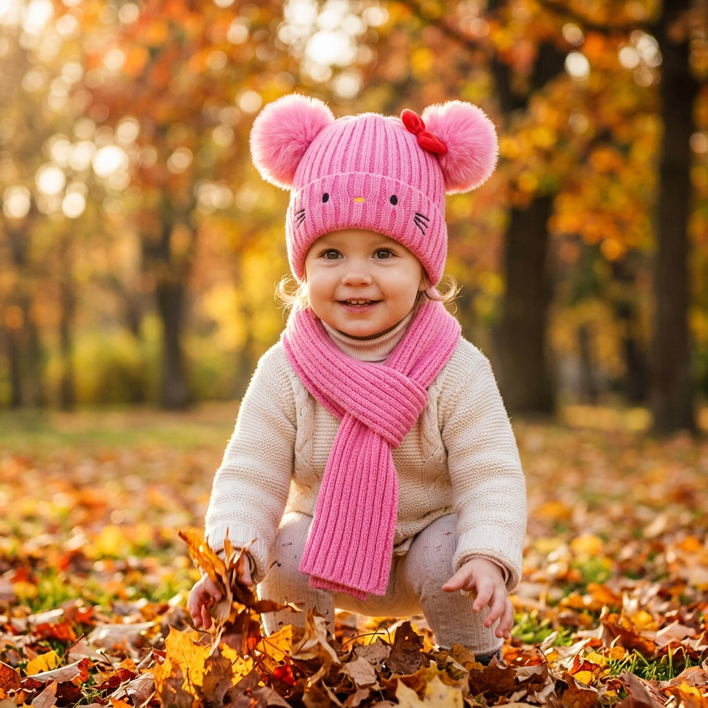Kids Kitty Face Double Pom Pom Beanie & Scarf Set with Red Bow – Multi-Color 12-Set Wholesale Pack (AHT1198)