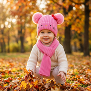 Kids Kitty Face Double Pom Pom Beanie & Scarf Set with Red Bow – Multi-Color 12-Set Wholesale Pack (AHT1198)