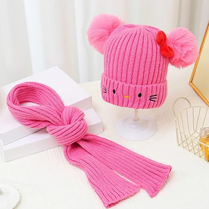 Kids Kitty Face Double Pom Pom Beanie & Scarf Set with Red Bow – Multi-Color 12-Set Wholesale Pack (AHT1198)