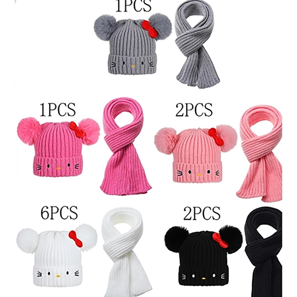 Kids Kitty Face Double Pom Pom Beanie & Scarf Set with Red Bow – Multi-Color 12-Set Wholesale Pack (AHT1198)